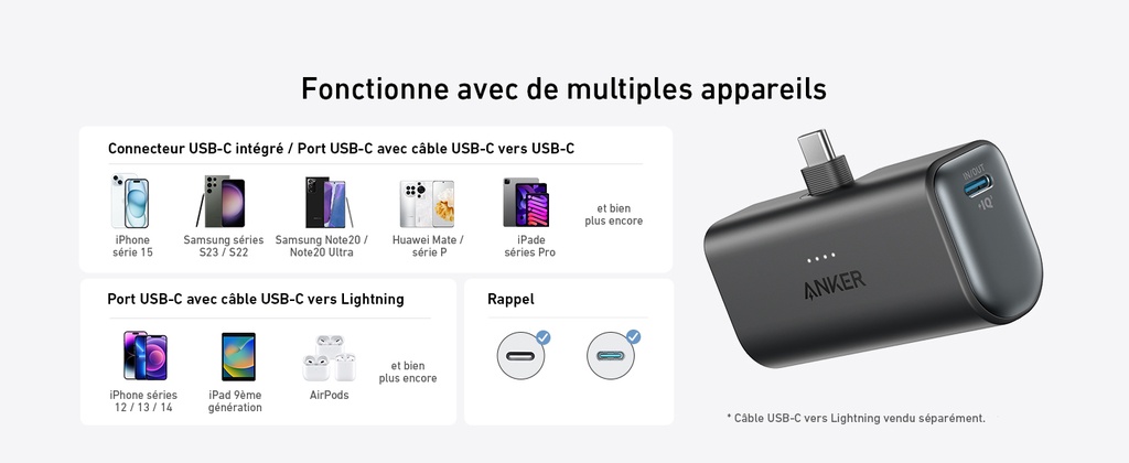 Batterie externe Anker Nano 5K- Connecteur USB-C intégré
