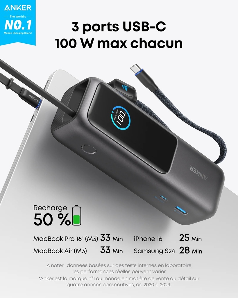 PowerBank Anker (25K, 165 W, câble intégré + câble rétractable)