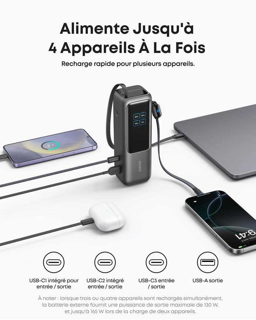 PowerBank Anker (25K, 165 W, câble intégré + câble rétractable)
