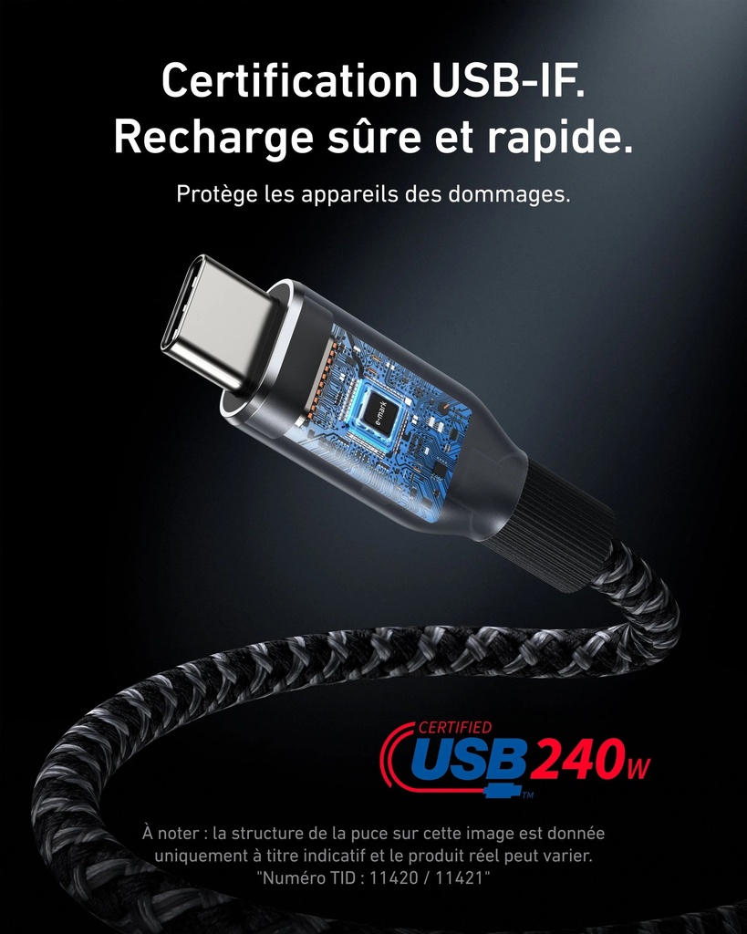 Câble 240W USB-C vers USB-C 0.90cm