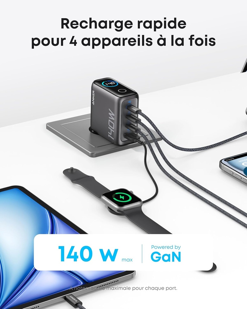 Chargeur Anker (140 W, 4 ports, PD 3.1) avec câble USB-C