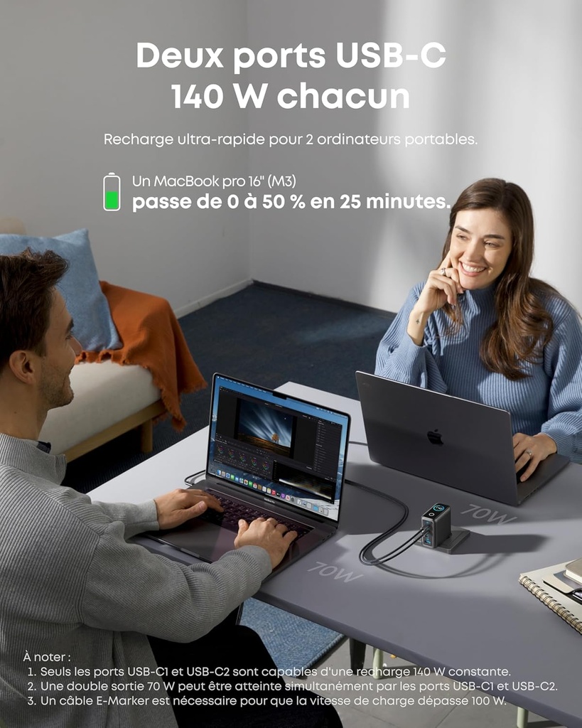 Chargeur Anker (140 W, 4 ports, PD 3.1) avec câble USB-C